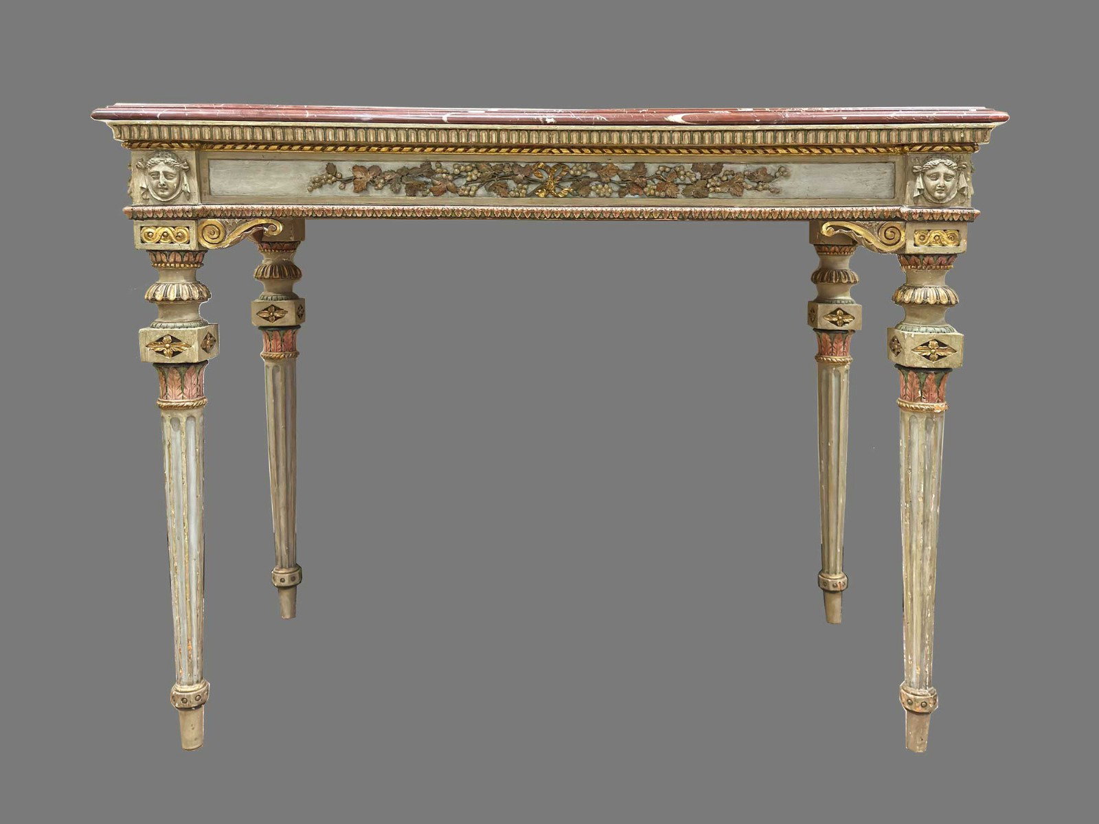 Consolle in legno policromo e dorato con piano sagomato in marmo Rosso Francia, Lombardia fine XVIII secolo